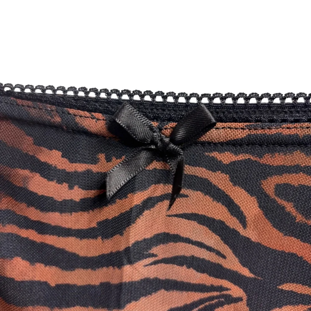 Brown Tiger Print Mesh Midi Skirt Asymmetrical Lettuce Hem Side Slit Bow Trim